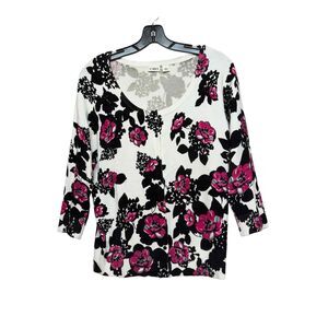 Cato Womens Floral Print Button Up Cardigan 3/4 Sleeves Scoop Neck Large